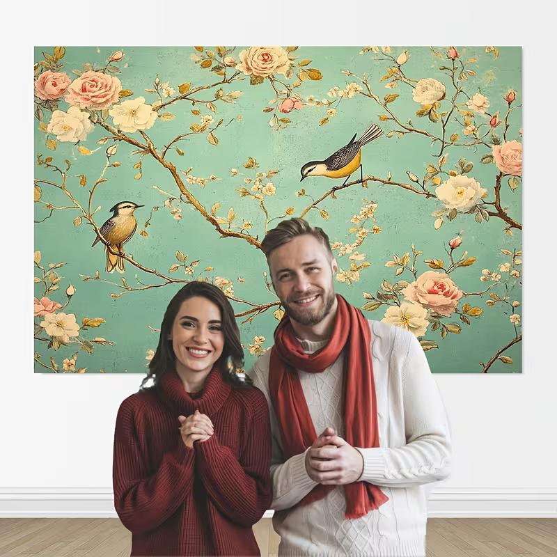 2D Teal Floral Bird Backdrop for Chinoiserie Themed Photoshoot