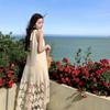 Summer New Apricot Splicing Lace Flower Neck Dress Seaside Vacation Beautiful Sleeveless Pendant Dress
