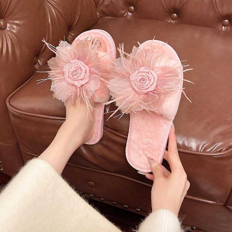 Korean version of mesh wool slippers women's 2025 spring and autumn new flower outer slippers one-word flat cotton slippers