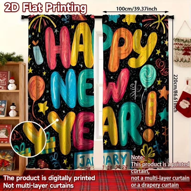 2 Pcs Happy New Year Print Curtains,suitable for Bedroom,living Room Kitchen Decoration,home Decoration,window Curtain