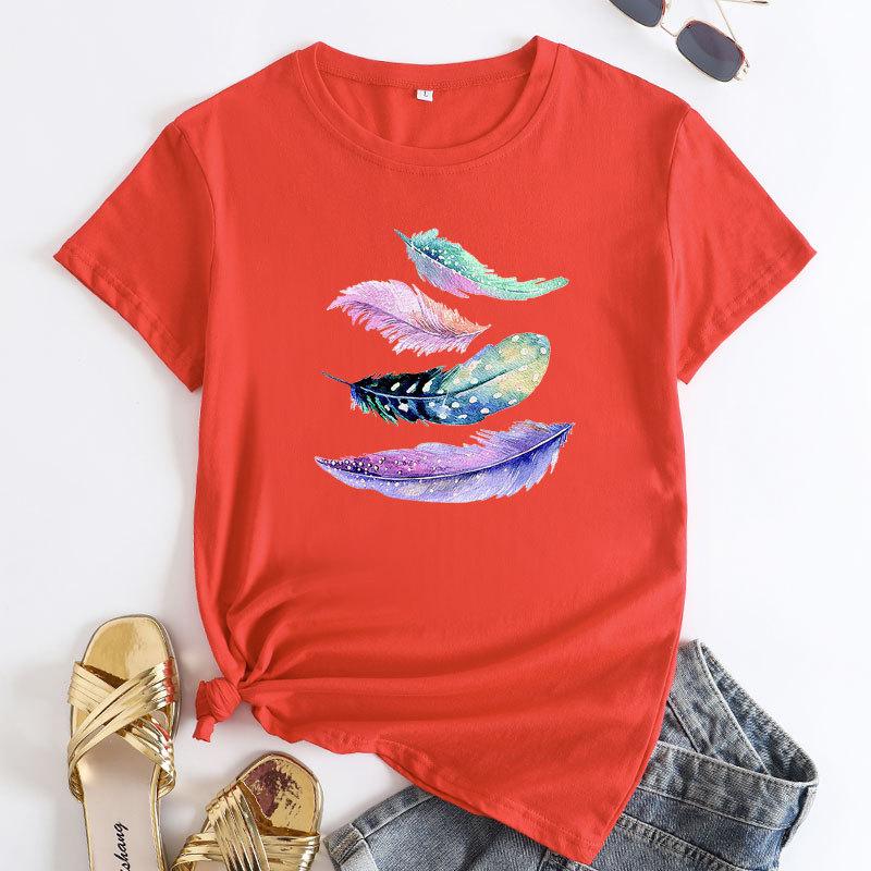 Summer Round Neck Colorful Feather Print Top Fashionable Casual Cute Short Sleeved Women's Pure Cotton T-shirts
