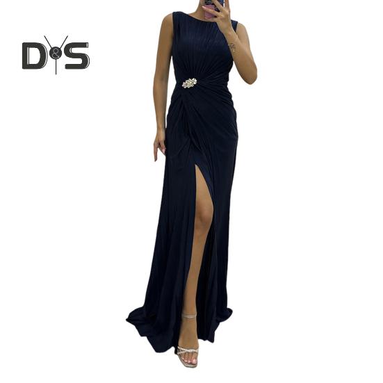 Rochie de seară pentru doamnă Tiv cu fantă plisată Lungime la podea Culoare unită Decor cu strass Fără mâneci Gât rotund Talie înaltă Decor cu strasuri Cocktail de bal