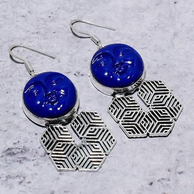 Natural Blue Face Gemstone Handmade 925 Sterling Silver Earring 2.52" L4w72
