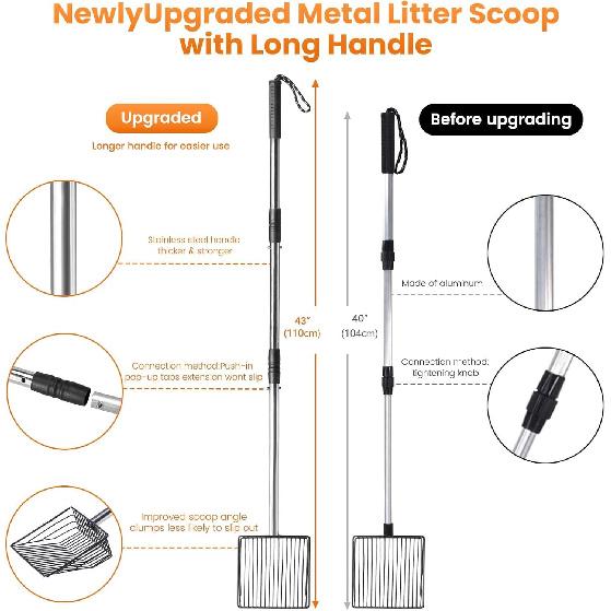 Cat Litter Scoop 43 inch Metal Litter Scooper with Stainless Steel Long Handle, Upgraded Large Kitty Box Scooper Heavy Duty Deep Shovel for Fast