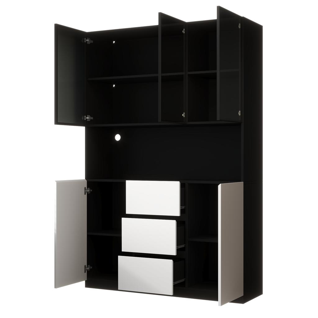 LED-beleuchteter Glasvitrinenschrank 120×40×200 cm – Gehärtetes Glas mit Regalen, Drei Schubladen und Zwei Türen, Vielseitig für Wohn- und Esszimmer.