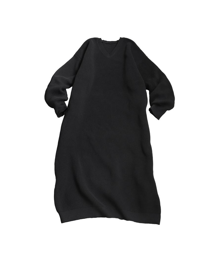 Antiqua Long Rib Knit One Size Black Women's V-Neck Dress, PN-00587, 05,