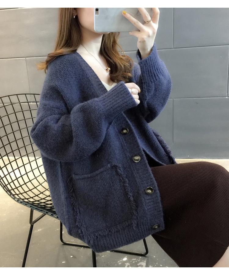 

Ленивый ветер однотонный свитер с бахромой куртка женская весна и осень новый короткий однобортный вязаный кардиган женский average size темно-синий