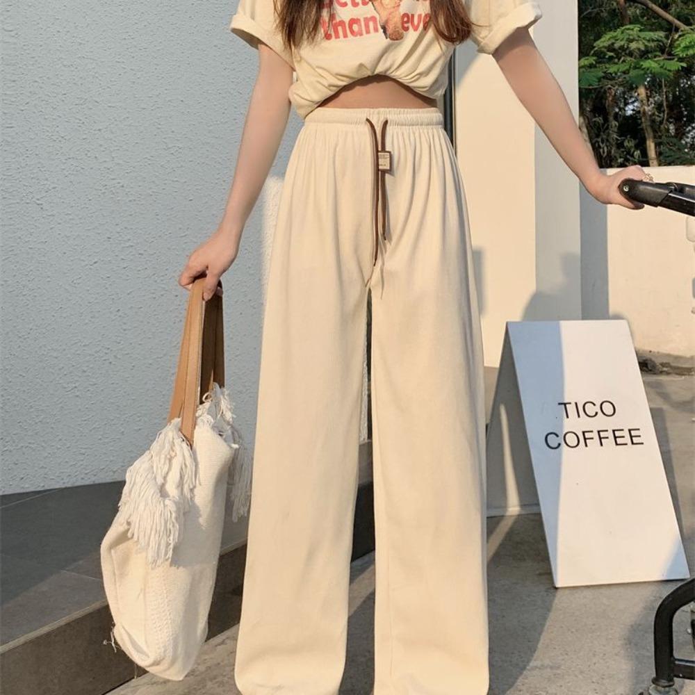 Women's High Waist Drawstring Wide Leg Corduroy Pants Solid Color Loose Straight Trousers Japanese Casual Fall Bottoms