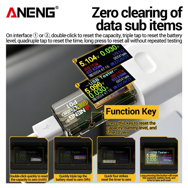 Digital Voltmeter Ammeter ANENG P01 USB Tester Meter 4V-30V Capacity Energy Temperature Fast Power Detector