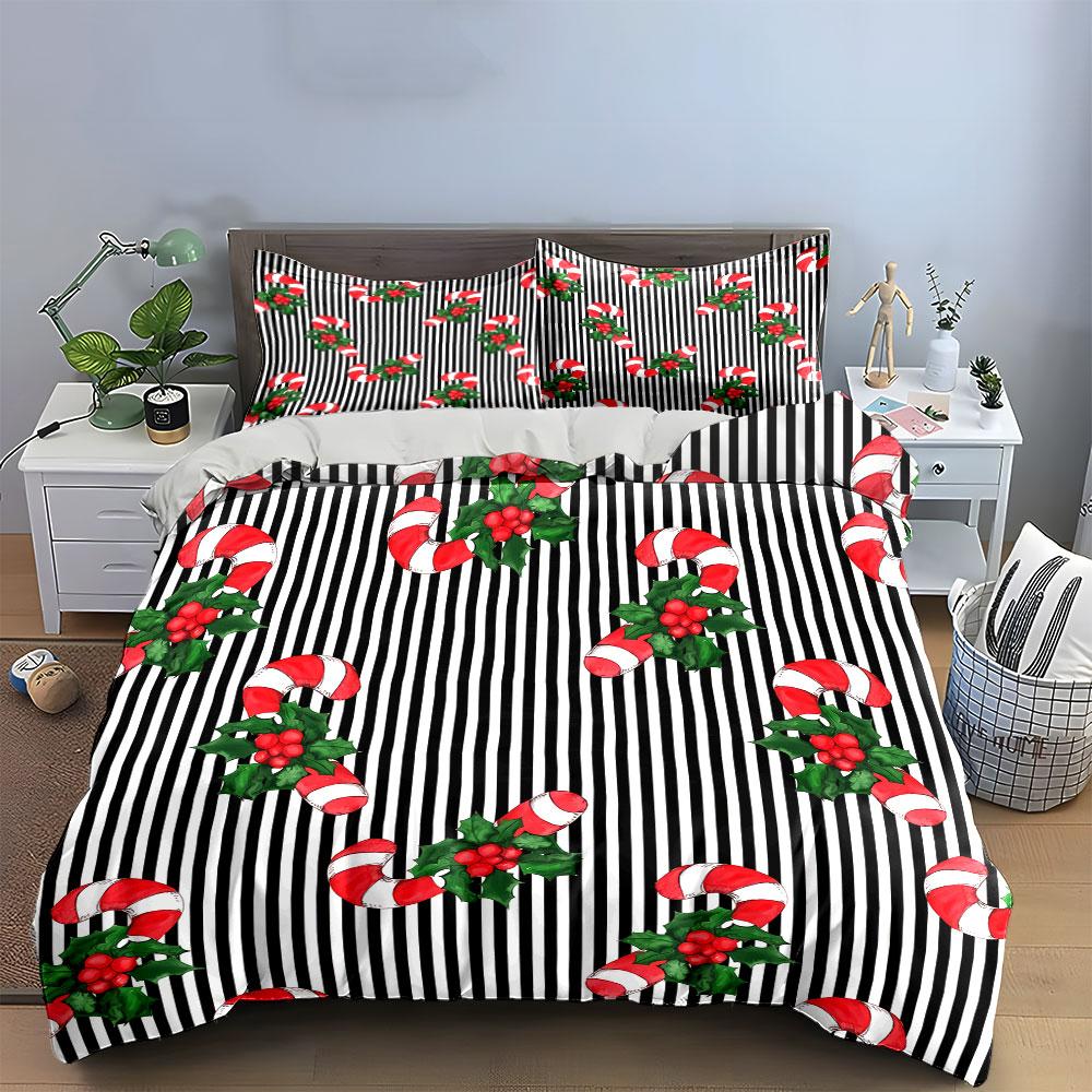 Candy Cane and Holly Striped Pattern Bedding Duvet Cover Set Duvet Cover Pillowcases (1*Duvet Cover 2*Pillowcases, without duvet insert)