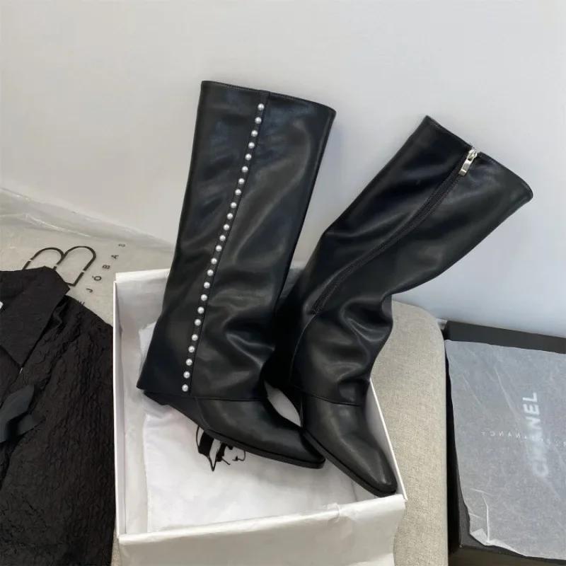 

Жемчужные брюки Ботильоны до колена Квадратный носок Клиновидный каблук Высокий каблук Сапоги-чулки Сексуальные женские сапоги Модные Повседневные Новые 40 чёрный