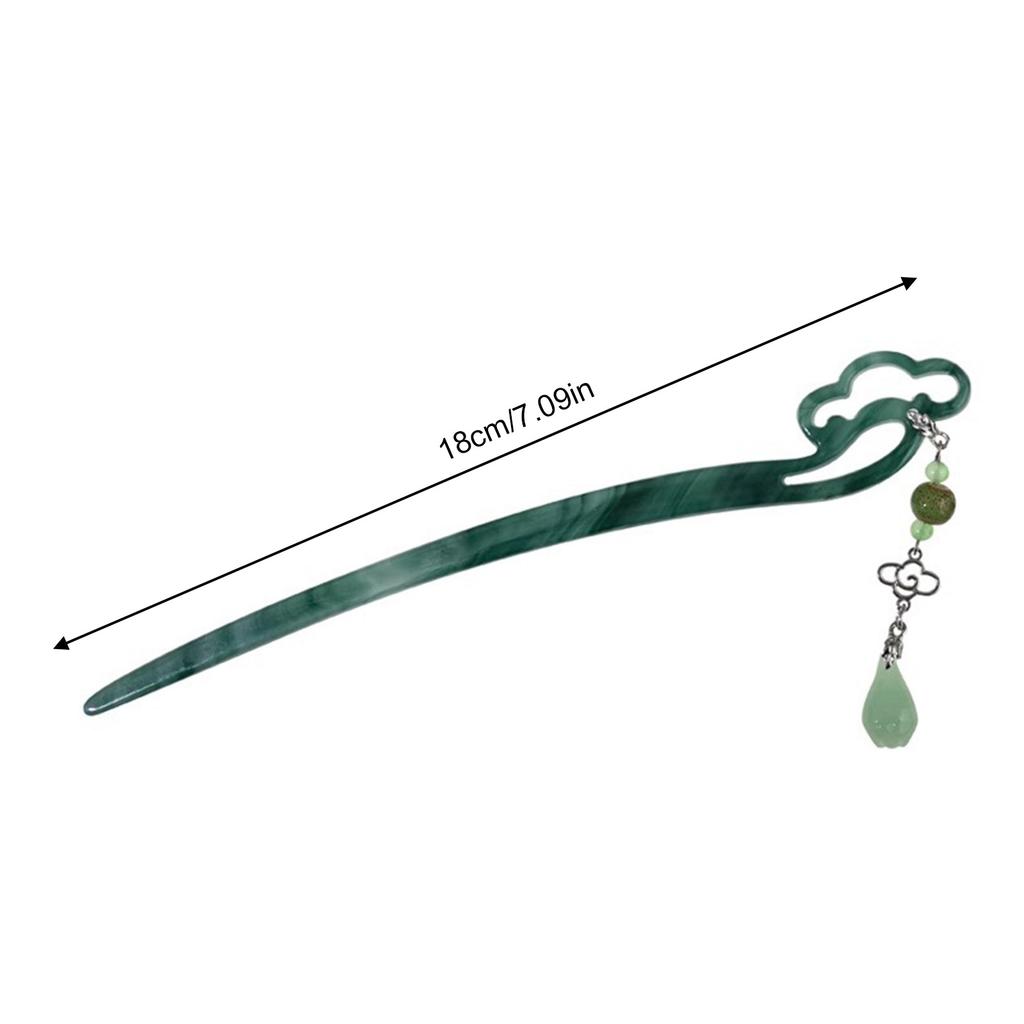 Ancient Chinese Style Hairpins Gradient Green Color Resin Hair Sticks Forks Chain Tassel Pendant Headpieces Hair Bun Maker