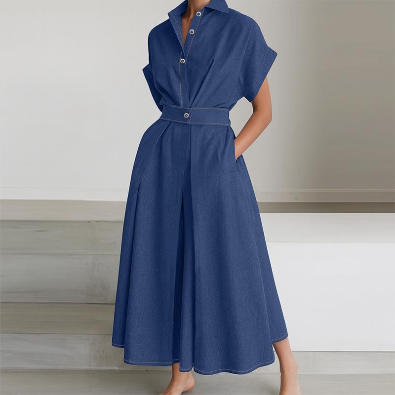 ZANZEA Women Casual Turn Down Collar Elegant Short Sleeve Dress 3XL синий