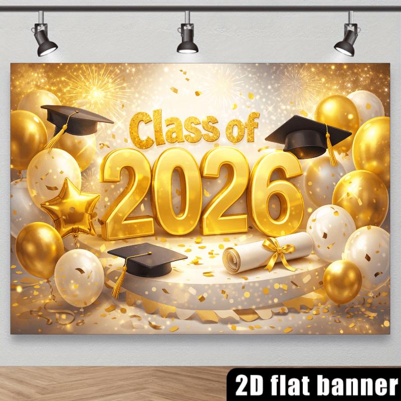 2D Flat Black Graduation Cap-themed Celebration Backdrop Featuring Golden "Class Of" Text A Black Graduation Cap Tapestry