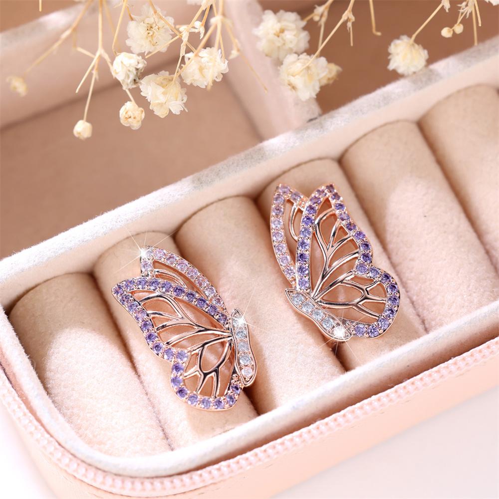 Purple Crystal Pink Zircon Butterfly Hoop Earrings For Women Vintage Rose Gold Color Ear Buckle Wedding Jewelry Engagement Gift