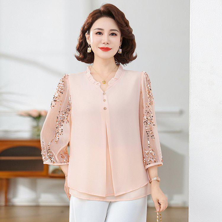 

Elegant Women s Summer Chiffon Top with Lace and Three-Quarter Sleeves 2XL рожевий