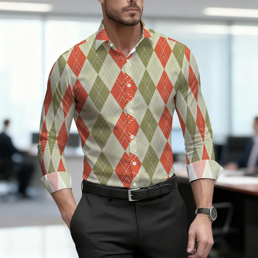 Men's Shirt with Diamond Grid Pattern, Personalized Contrasting Color Design, Versatile Street Style, Trendy Men's Clothing