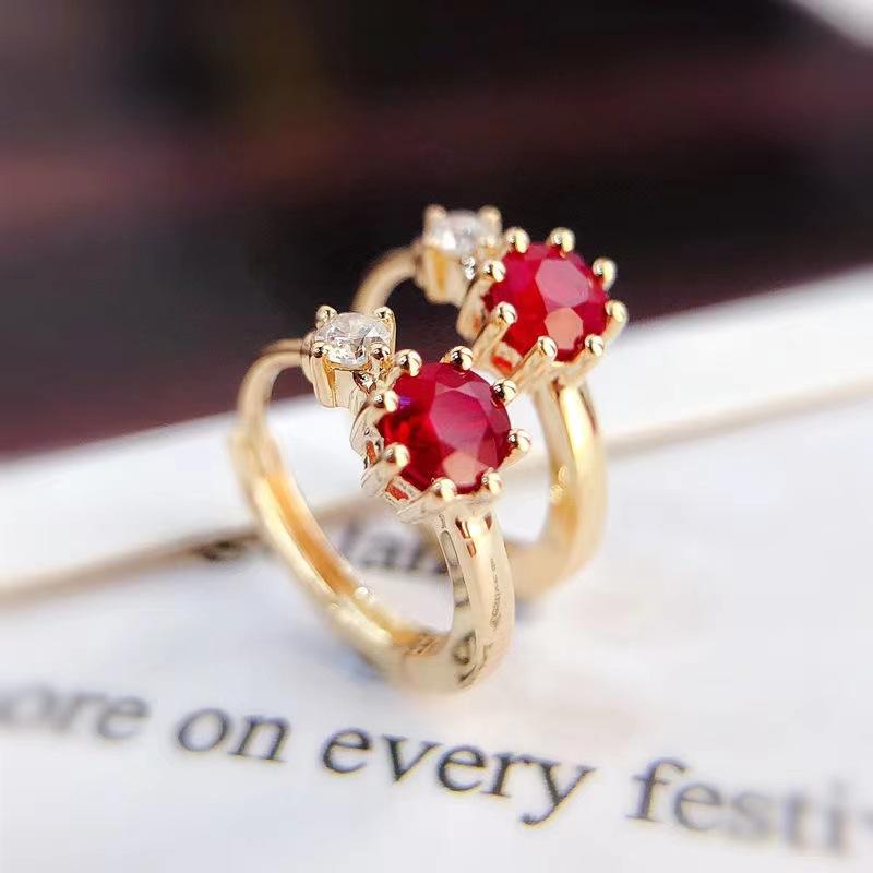 Classic Light Luxury Inlay Ruby Earrings for Women Simple and Small Red Gemstone Crystal Hoop Earings Wear Daily Jewelry