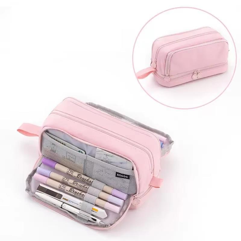 Cross-border  Fabric Pencil Case Stationery Bag Student Macaron Color Double Window Multi-function Learning Zipper