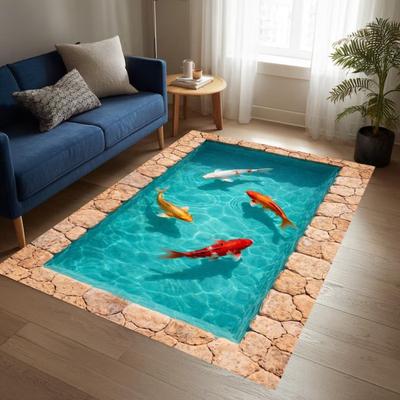 3D Koi Pond Area Rug - Realistic Fish Pond Illusion Floormat Ideal for Living Room Aquatic Pattern Area Floormat Decor