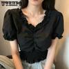 WTEMPO Vintage V-neck Solid Cropped Tops Girl's Sweet Folds T-Shirts Summer Short Puff Sleeve Black White Tee Women Streetwear
