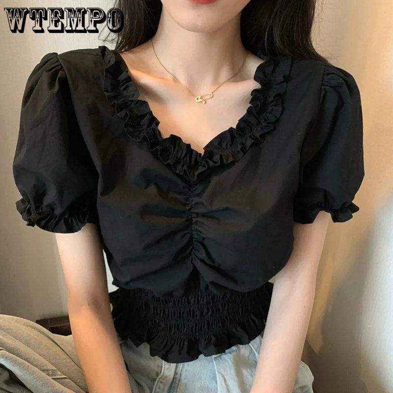 WTEMPO Vintage V-neck Solid Cropped Tops Girl's Sweet Folds T-Shirts Summer Short Puff Sleeve Black White Tee Women Streetwear