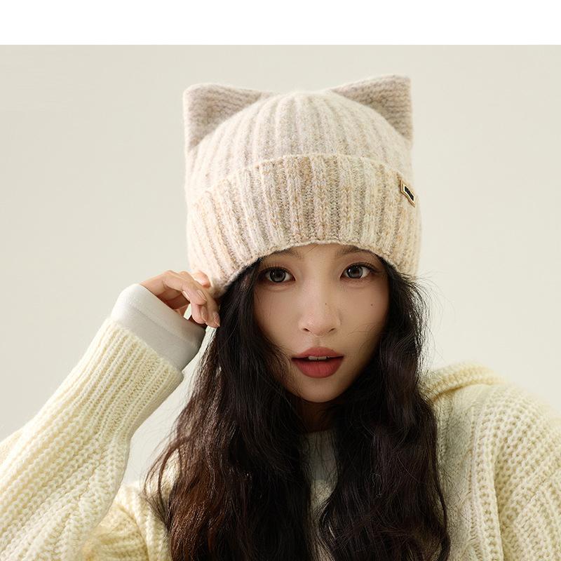 Cat Ear Wool Hat Women's Autumn Winter Warm Knitted Hat Thick Hat