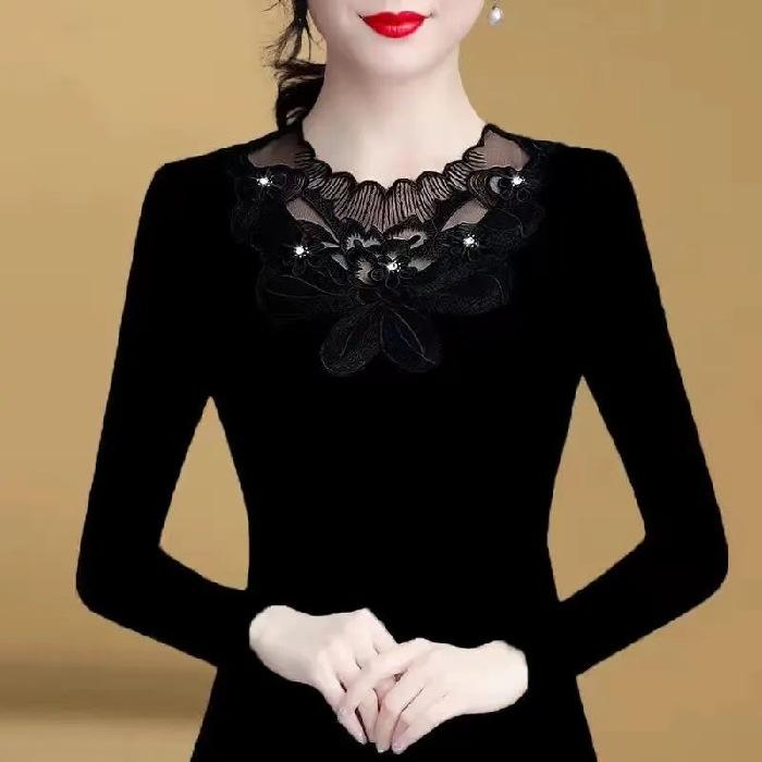 Thin Slim Base Shirt Autumn and Winter New Korean Version Lace Mesh Diamond-inlaid Long-sleeved T-shirt Female Student Top