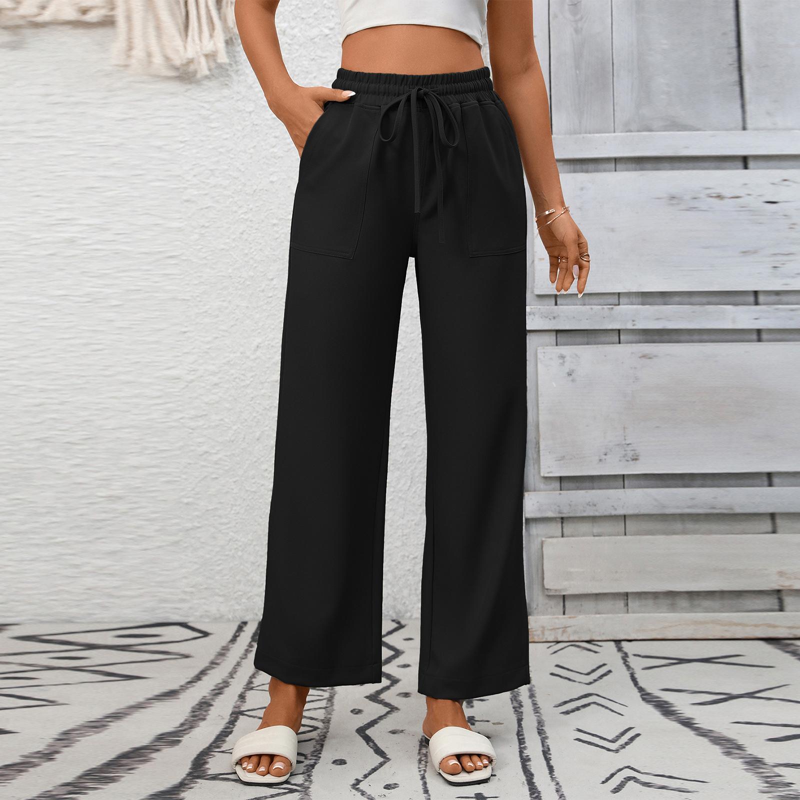 Women s Fashionable Color Casual Drawstring Pocket Loose Wide Leg Pants XL чёрный