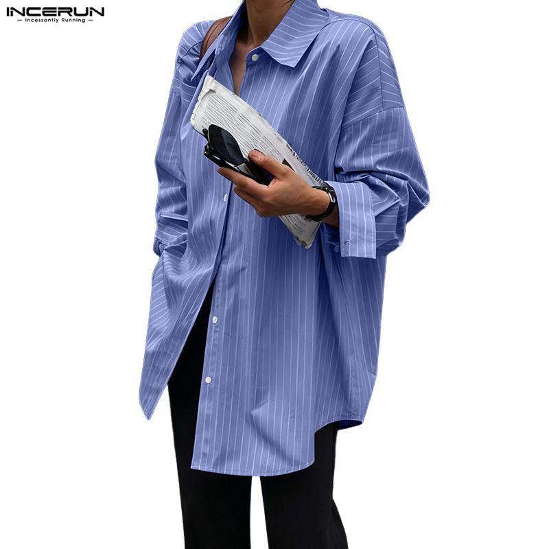 INCERUN Plus Size Men Lapel Neck Long Sleeve Lace-up Striped Loose Casual Long Shirts