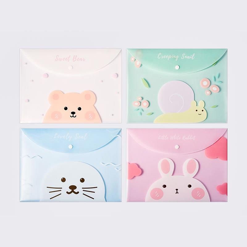 4pcs File Bags For Document Cute Cartoon File Holder Snap Button PVC Folder Pen Box Office Information Bag Student Stationery