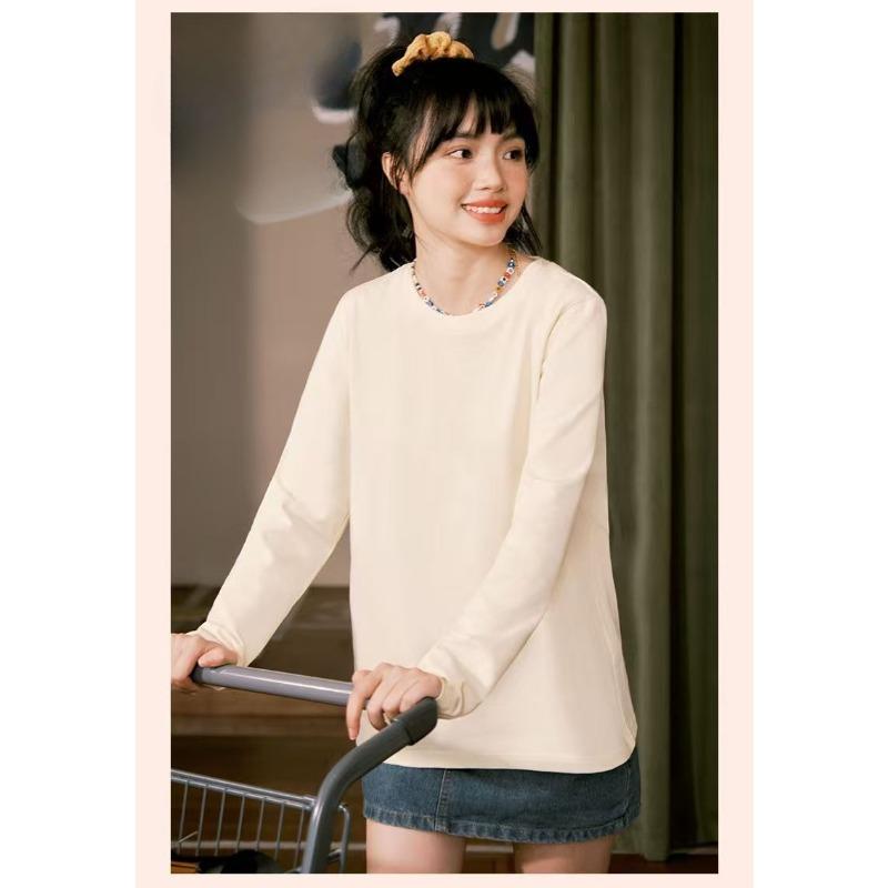 Cotton Round Neck Long Sleeve T-shirt Womens Autumn Fashion Basic White Top Loose Fit Casual Tee