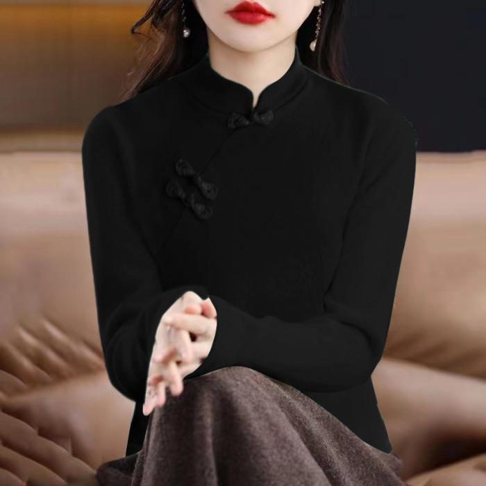Velvet Plus Thickened Retro Long Sleeve T-shirt - Women's Embroidered Autumn/Winter Outerwear Base Layer