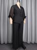 Women's Plus Size Waist-Cinched Black Suit Set with Ruffle Sleeves and 3D Flower Blazer