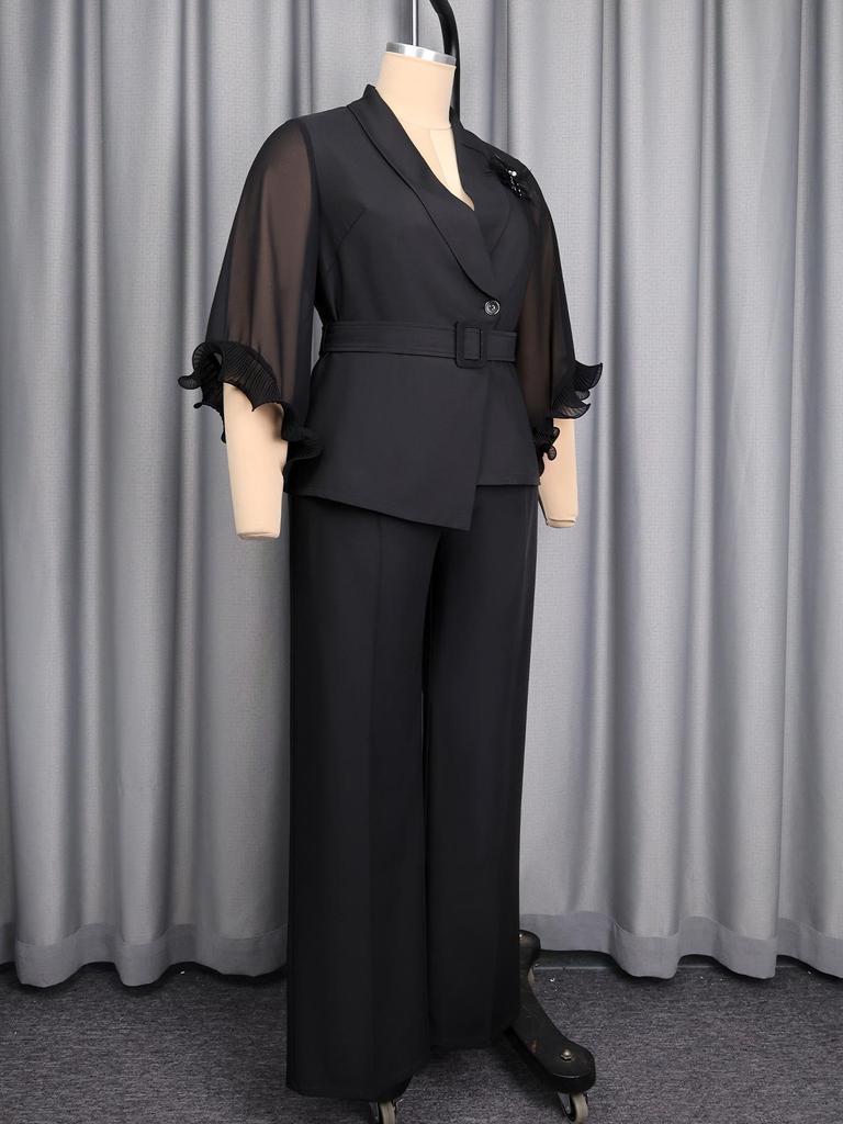 Women's Plus Size Waist-Cinched Black Suit Set with Ruffle Sleeves and 3D Flower Blazer