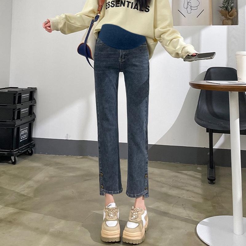 

#Беременные женщины сигаретная трубка высокая эластичность джинсы персонализированная весна и осень верхняя одежда брюки для живота повседневный свободный модный мать 3XL сине серый