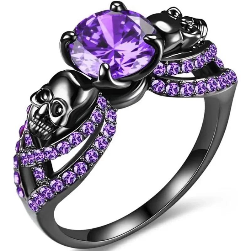 Gothic Black Ring Red Crystal Vampire Double Skull Rings for Women Party Wedding Jewelry
