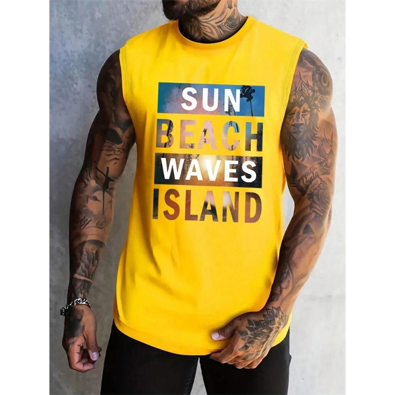 Stylish Men's Vacation Hawaiian Vest Gradient Coconut Print Casual Yacht Party Vest Plus Size Mens Resort Breathable T-Shirt Top