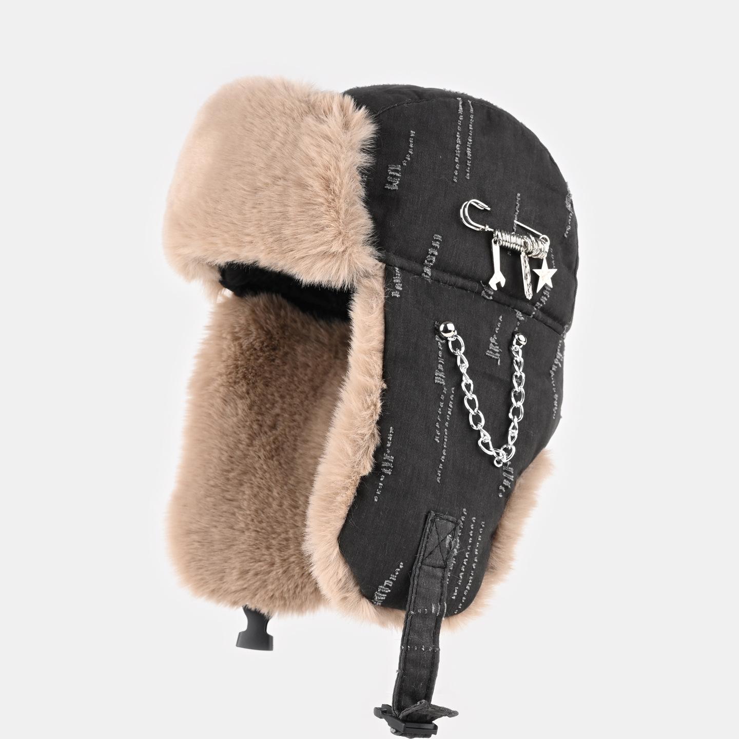 

Ретро старая шляпа женская зимняя утолщенная плюшевая защита ушей хлопковая шапка мужская цепочка булавка теплая ветрозащитная холодная шапка One size чёрный