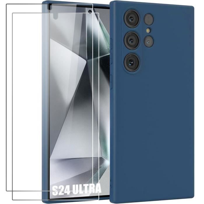 Coque et Verres Trempés - BOOLING - pour Samsung Galaxy S24 Ultra - Silicone Liquide - Bleu Marine - Effet Mat