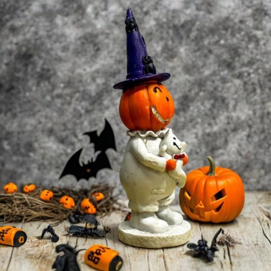 Yousheng Halloween Smiling Pumpkin Man Statue Spooky Wizard Hat Pumpkin Holding Ghost Resin Figurine Sculpture Party Home Desktop Decoration Ornament
