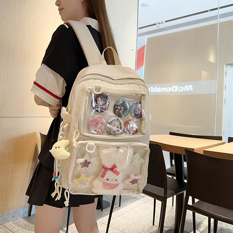 Simple Solid Color Large Capacity Student Backpack With Pendant Badge And