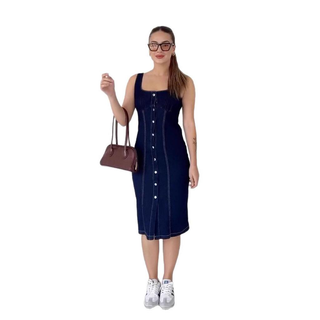 2025 Summer Elegant Square Neck Sleeveless Slit Denim Dress