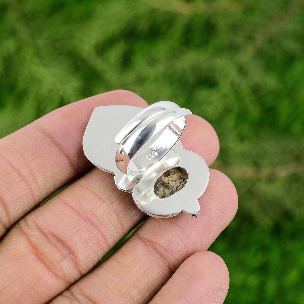 Natural Plume Agate Gemstone Statement Bird Adjustable Ring 925 Silver For Women