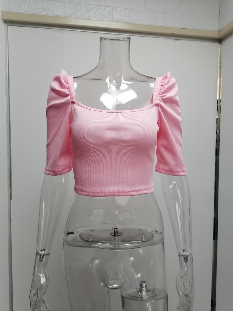 Women's Spring New Women's Simple Square Neck Puff Sleeve Top Women's Short Sleeve