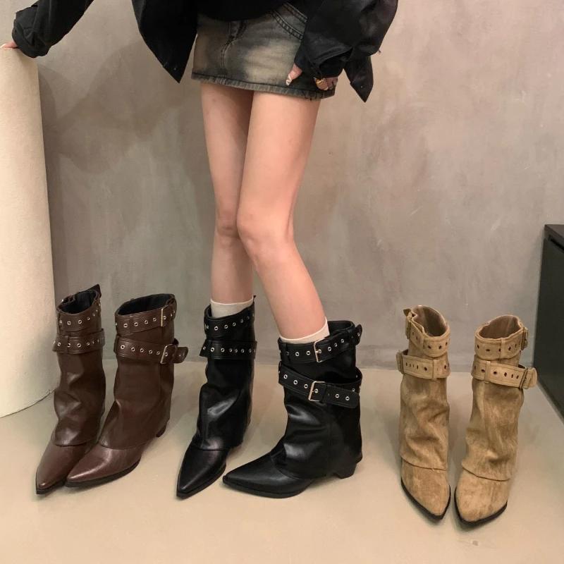 Fashion Hot Selling 2025 New Pointed Toe Women's Spring and Autumn Boots  Mid Heels Elegant Shoes Pumps Fashion Boots Trend Ladies Boots