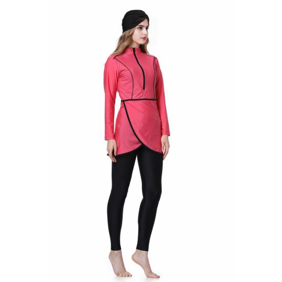 Conjunto de 3 Peças/Conjunto Feminino Maiô Dividido Saia Frontal Fechamento Seguro com Zíper Proteção UV Tops Calças Compridas para Natação Conjunto com Lenço de Cabeça