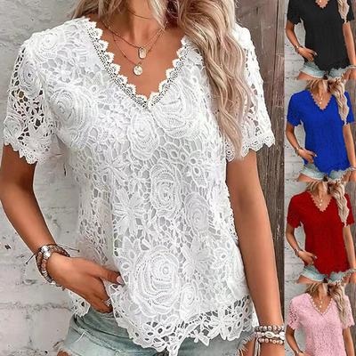 Elegant Top For Women Summer Retro Lace Patchwork Short-Sleeved T-Shirt Solid V-Neck Loose Pullover Top Lady Fashion Streetwear