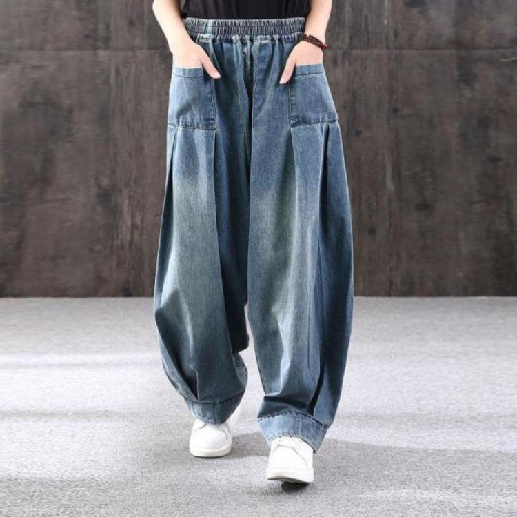 Vintage Women Oversize Mom Jeans Wide Leg Denim Pants Casual Harem Trousers Female Bloomers Cross