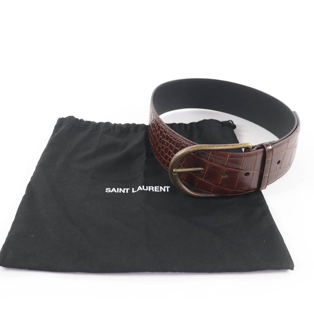 Excellent SAINT LAURENT belt Croco embossed leather with logo Brown 65 GRZ619783 Used